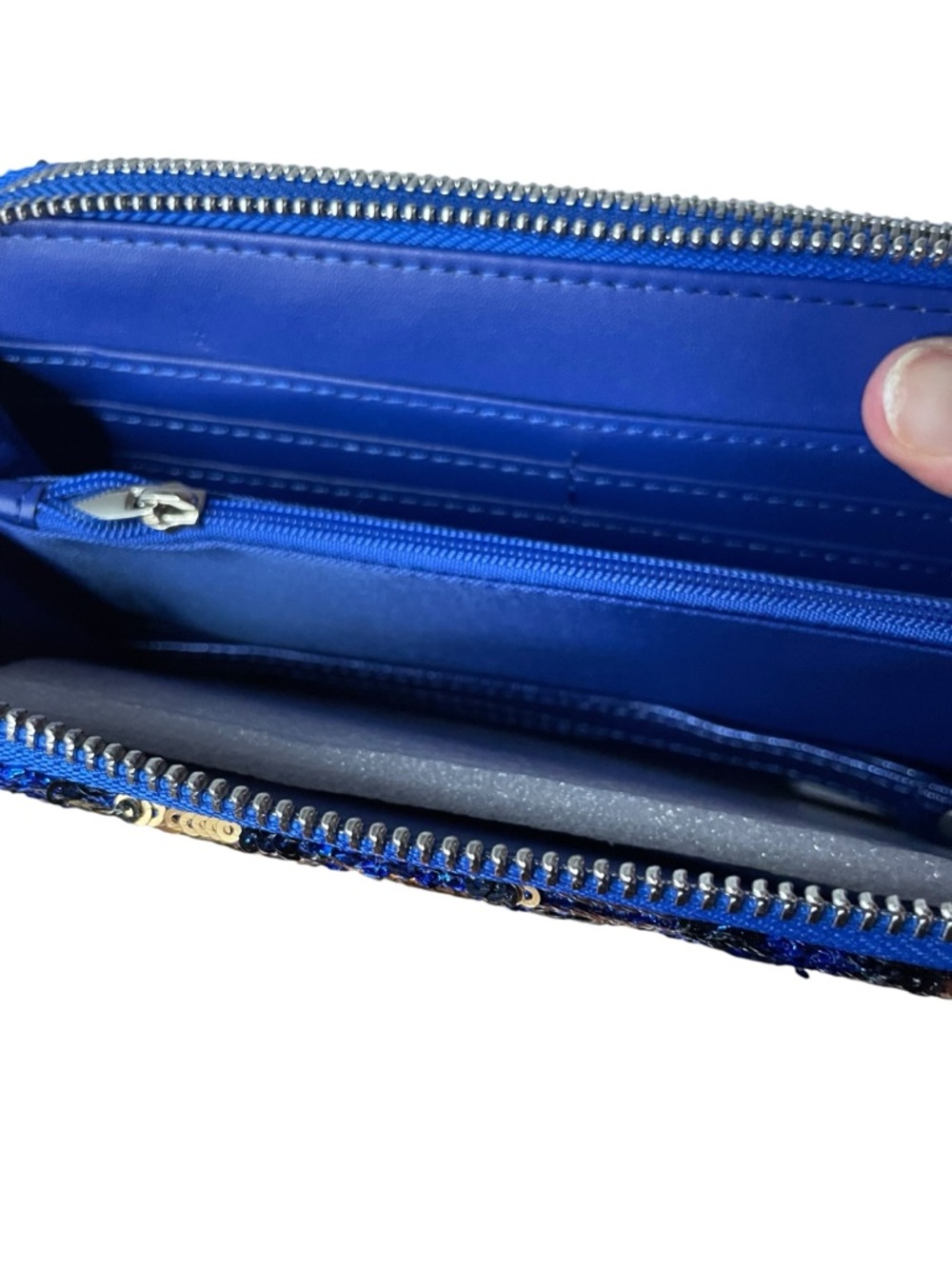 NWT B. Brentano Leopard Blue Sequin Double Zip Wallet Vegan Leather - Picture 5 of 11
